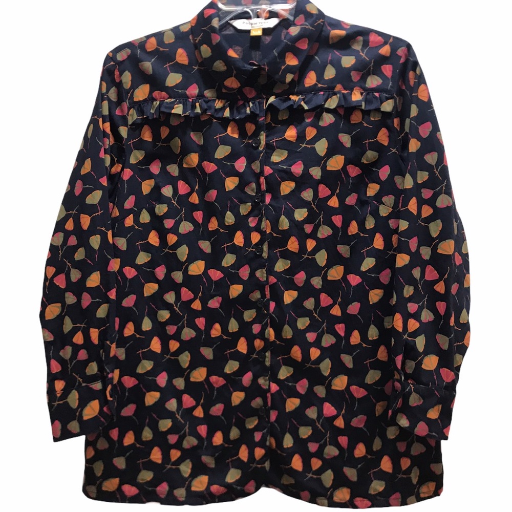 People Tree button down shirt size 12 organic cotton navy neons flowers floral